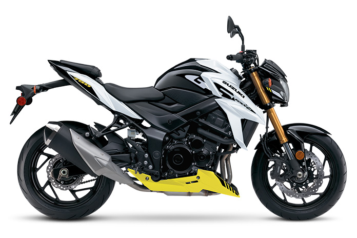 Suzuki GSX-S750Z 2023 en blanc nacré brillant et jaune champion n ° 2