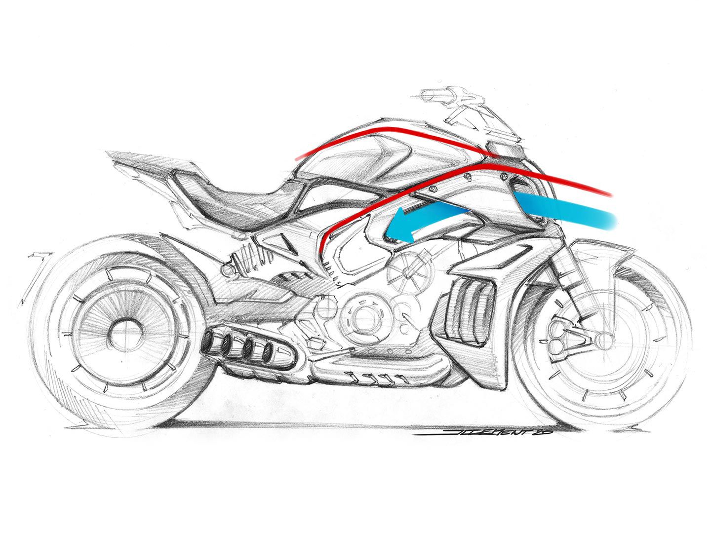Esquisse de conception de Julien Clément pour la Ducati Diavel V4 2023. Notez comment les carénages d'échappement et de radiateur diffèrent de la version finale.