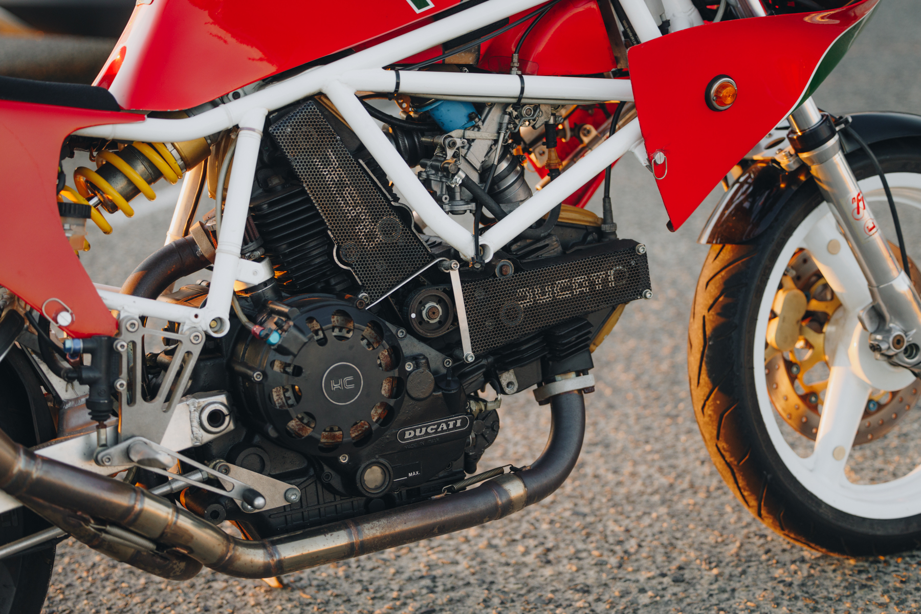 Photographie détaillée d'un moteur de moto Ducati entraîné par courroie
