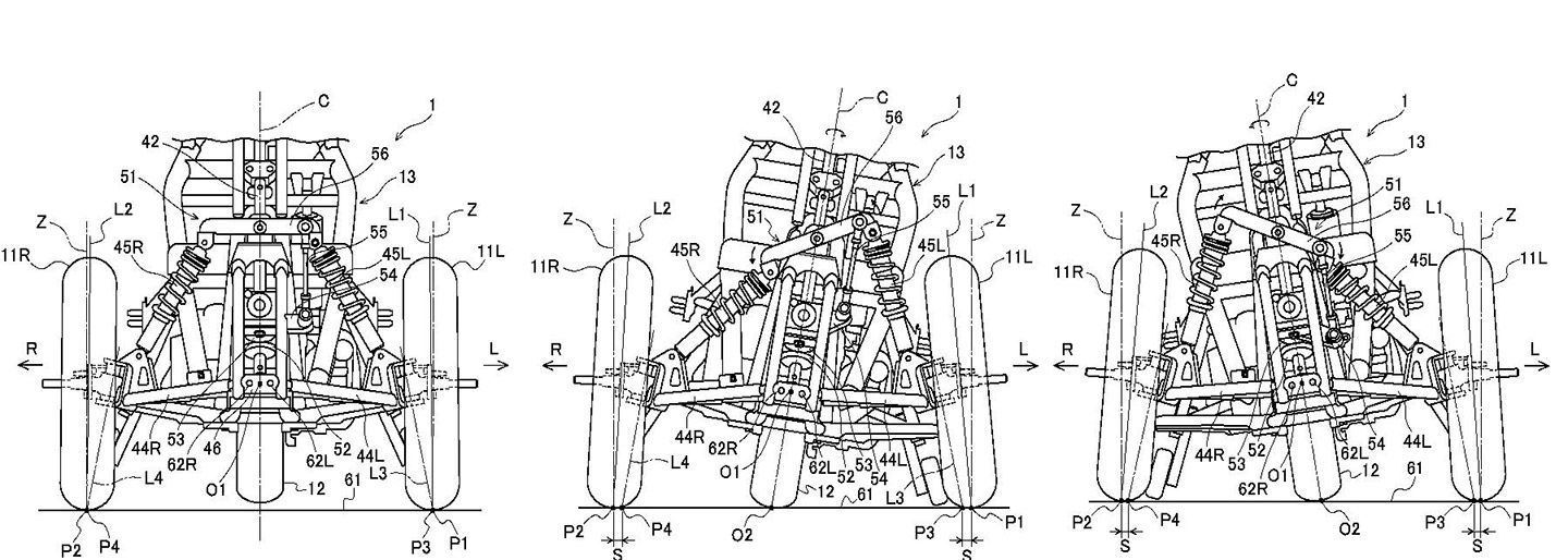 Ici, vous pouvez voir la suspension du tricycle entièrement verticale, tandis que l'image centrale la montre inclinée vers la gauche du pilote, puis vers sa droite.