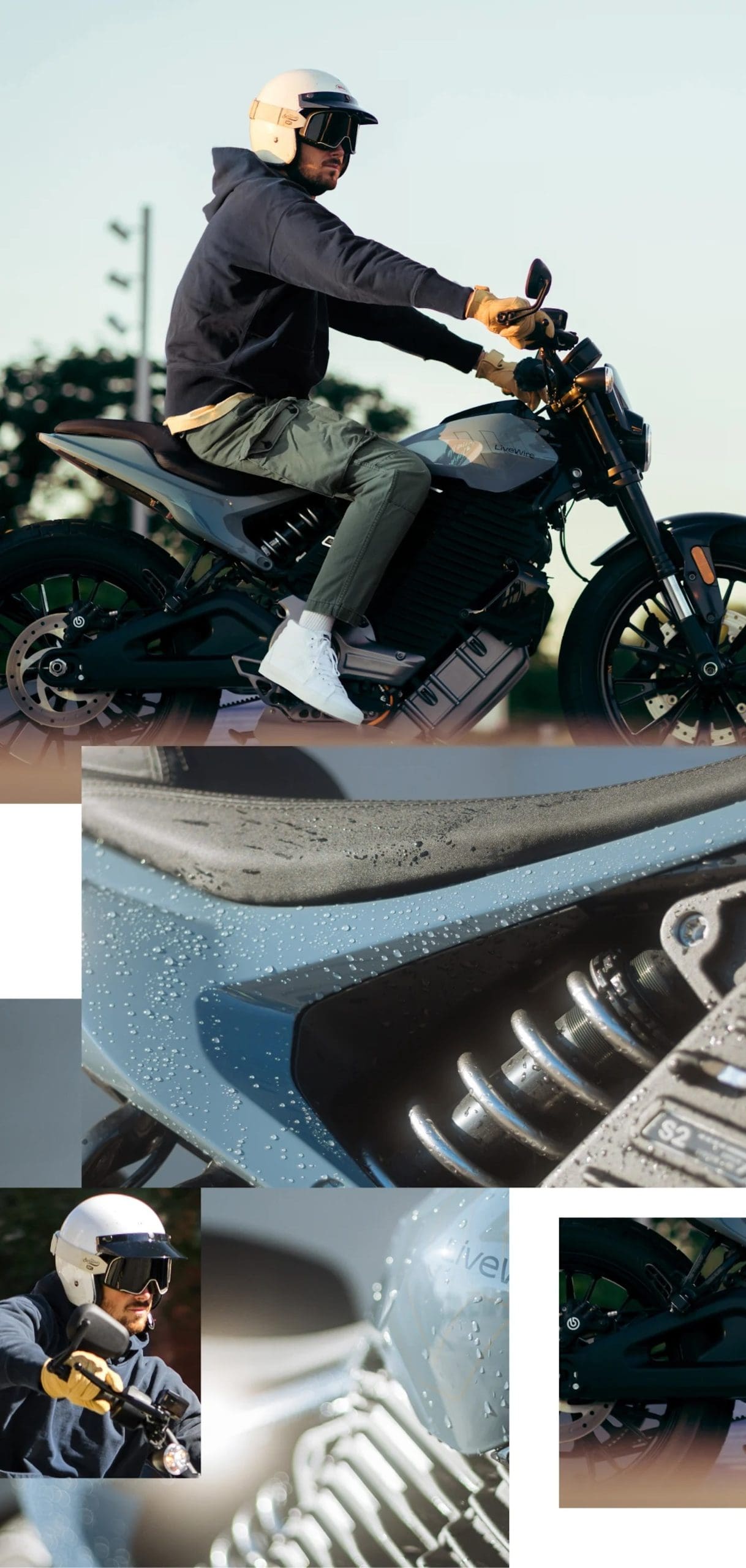 Un collage d'un gars sur une moto électrique.