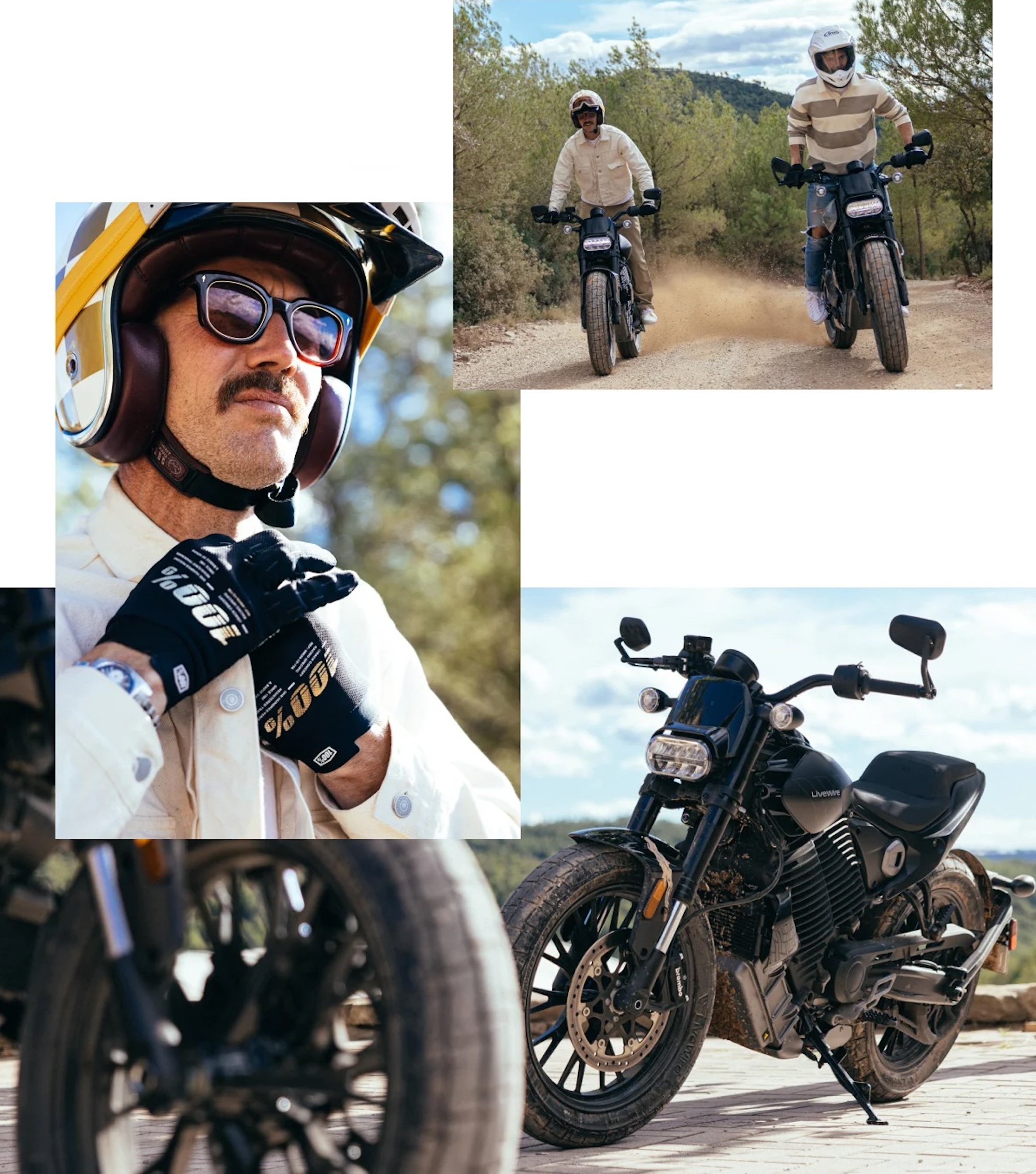 Un collage d'un gars sur une moto électrique.